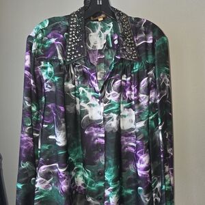 Ellen Tracy Studded Collar Green and Purple Blouse